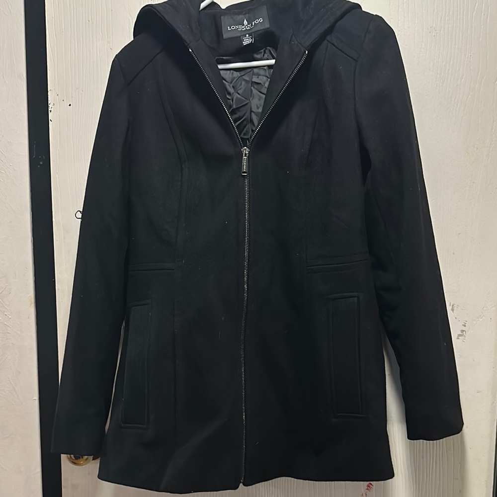 London Fog Black Hooded Wool Blend Coat - Size Small - Picture 12 of 16